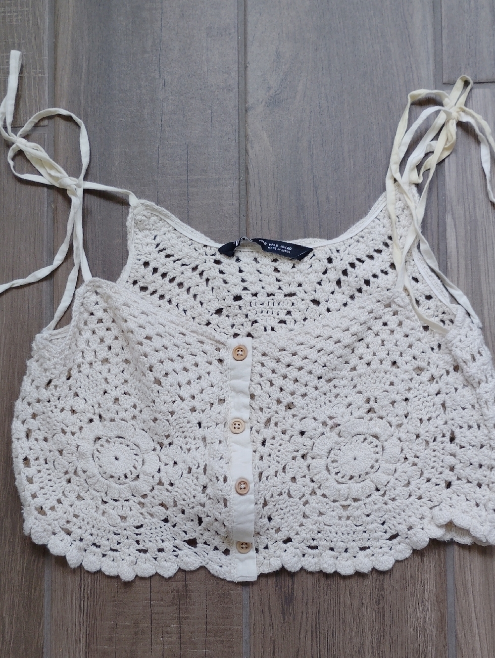 Zara Cropped Crochet Cream Cami Top Sz S Tie Straps Square Neck Boho Cottagecore